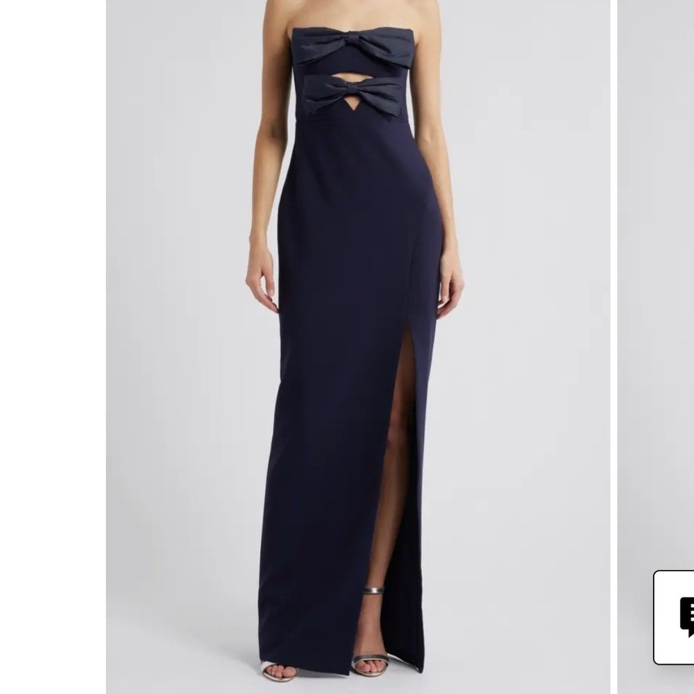 LIKELY Bea Strapless Gown Navy Blue Double Bow Cutout Front Slit Dress Size 0